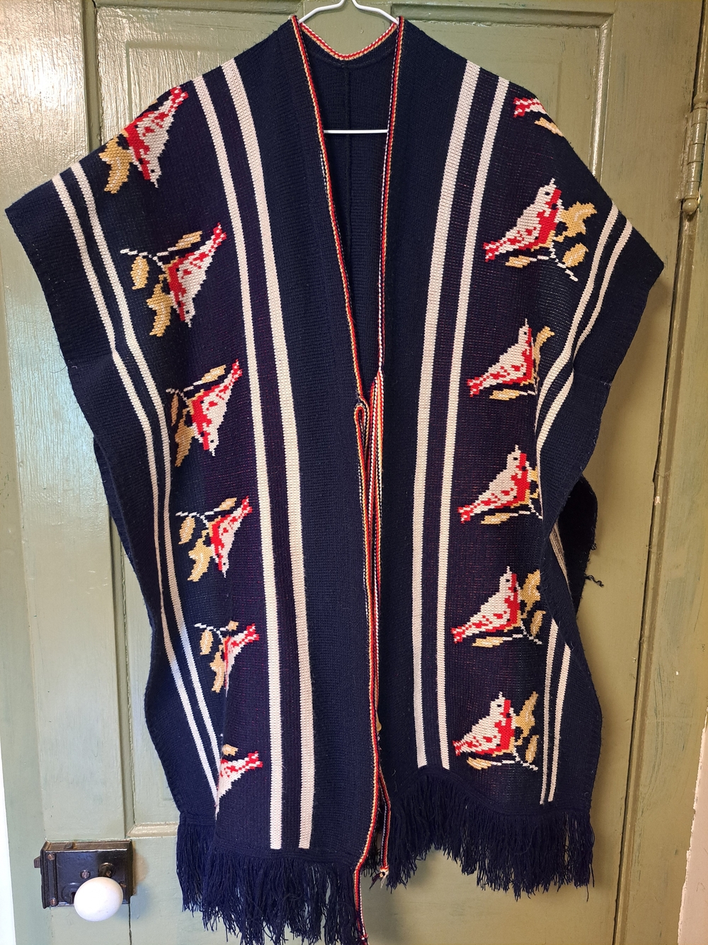 1970s Navy Bird Stripe Women's Sweater Poncho